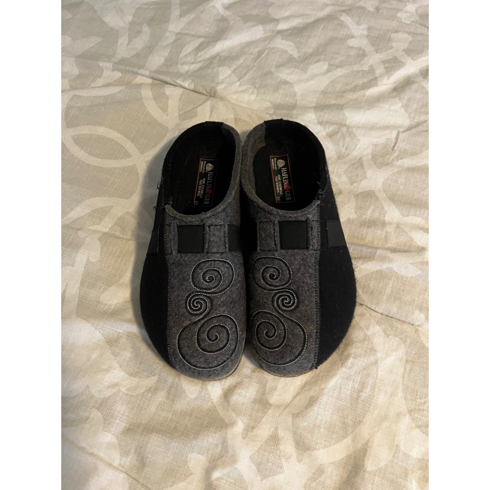 Haflinger Magic Wool Clogs Charcoal Black Swirl Embroidered Slippers Size 39/8